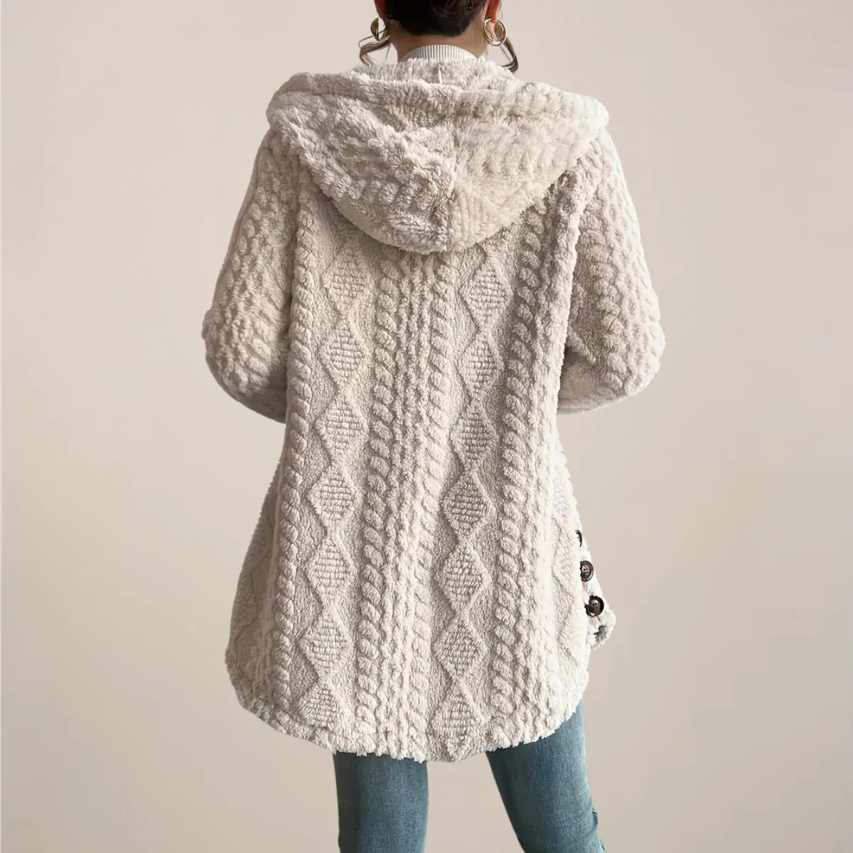 Women’s Fuzzy Beige Hooded Textured Cardigan - Image 3
