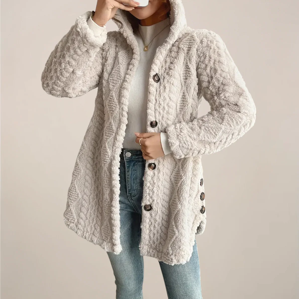 Women’s Fuzzy Beige Hooded Textured Cardigan - Image 4