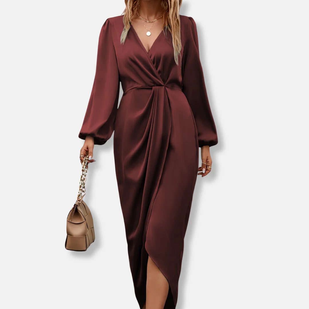 Women’s Refined Long Sleeve V-Neck Wrap Midi Dress - Image 4